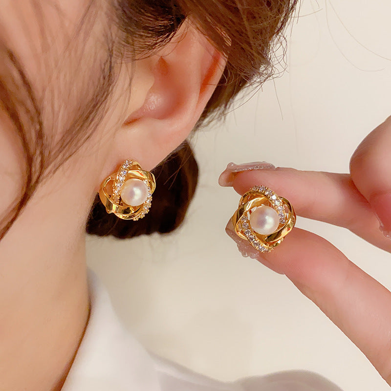 14k Gold-Plated Luxury Wrapped Pearl Stud Earrings