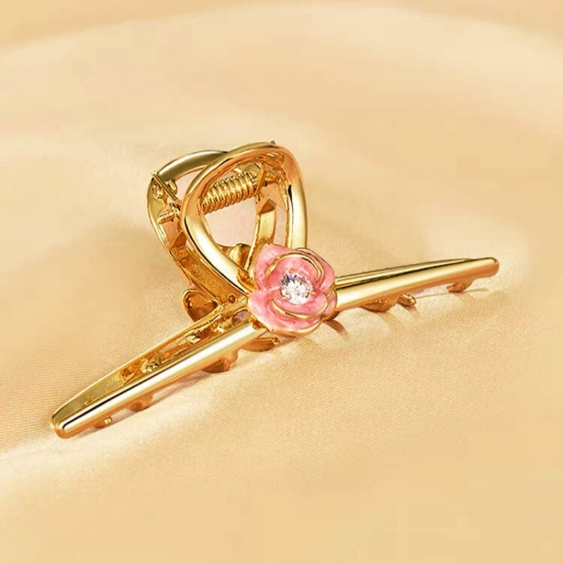 18K Gold-Plated Pink Hand-Painted Camellia With Diamond Small Size Clips