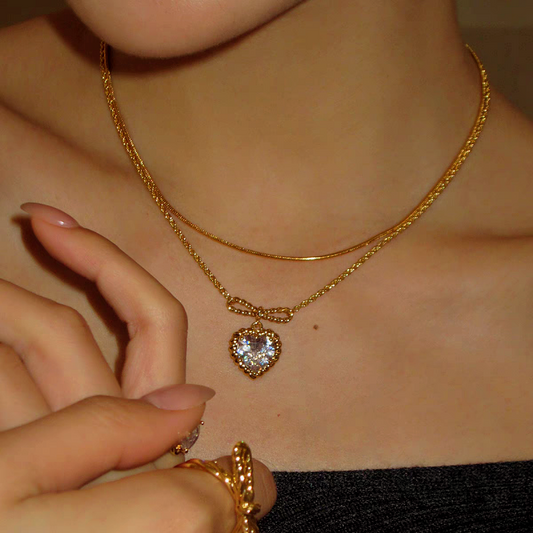 18K Gold-Plated Zircon Heart Bow Necklace