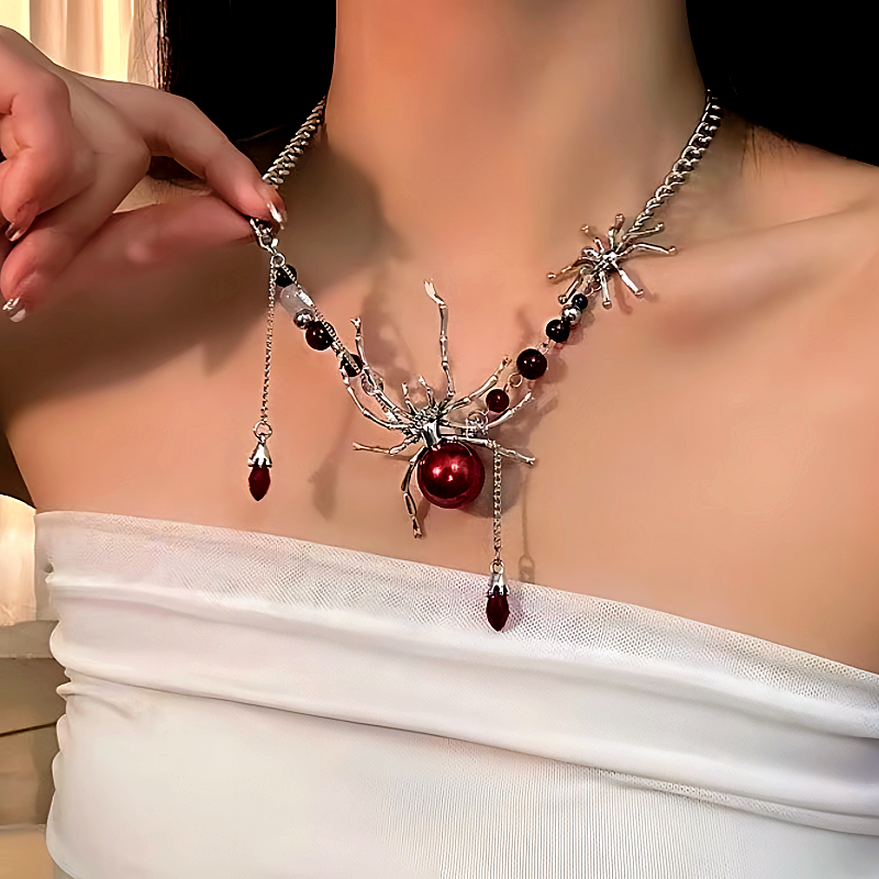 Halloween 14K Gold-Plated Blood-Red Spider Necklaces