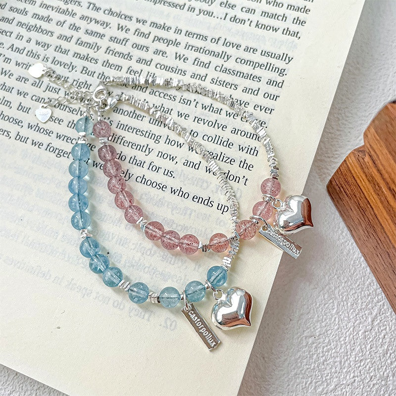 Sterling Silver Crystal Aquamarine Broken Silver Heart Bracelets