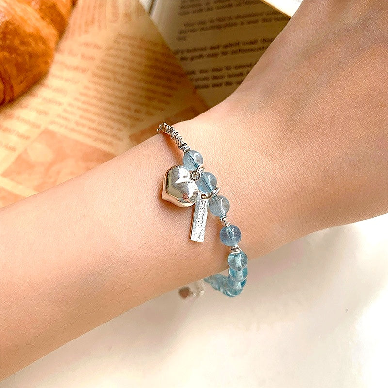 Sterling Silver Crystal Aquamarine Broken Silver Heart Bracelets