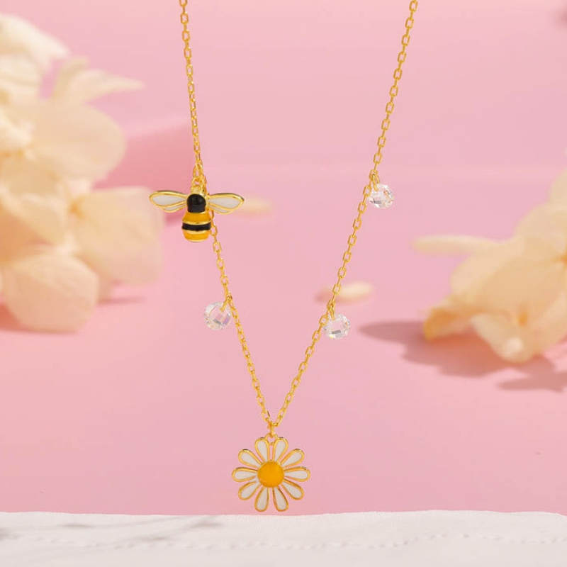 Sterling Silver Daisy Sunflower Bee Clavicle Necklaces