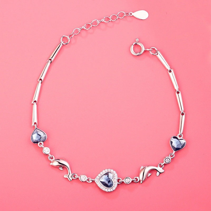 Sterling Silver Diamond Dolphin Heart Bracelets