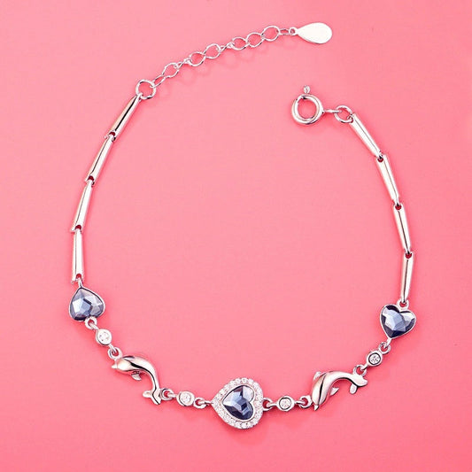 Sterling Silver Diamond Dolphin Heart Bracelets