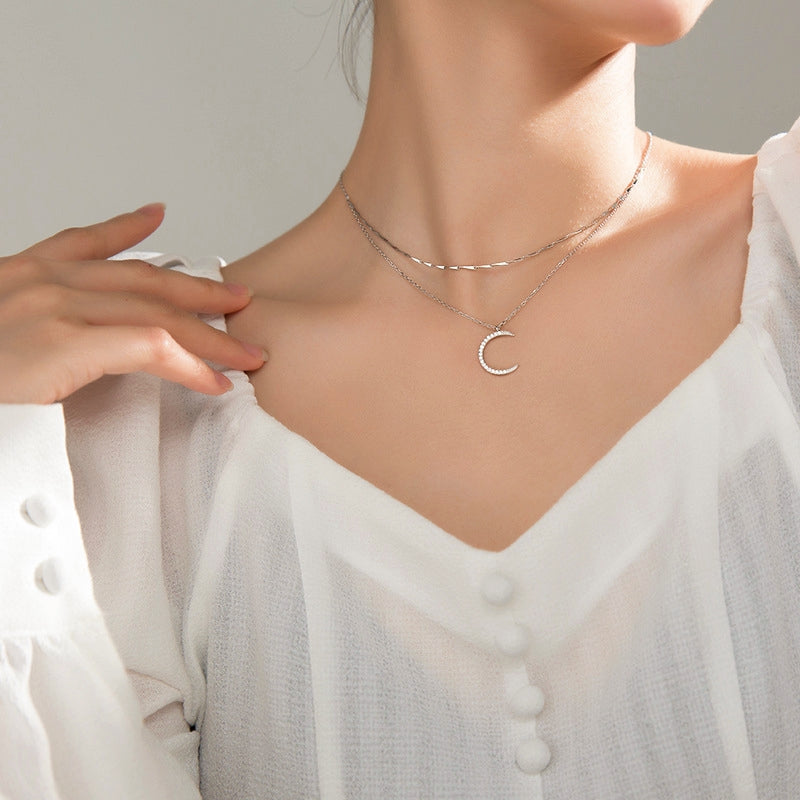 Sterling Silver Double-Layer Diamond Bling Moon Necklaces