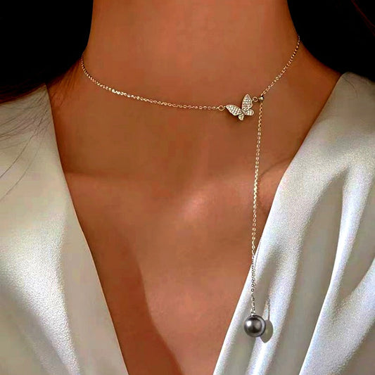 Sterling Silver Luxury Butterfly Pearl Tassel Necklaces