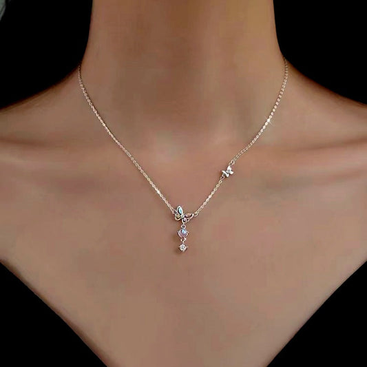 Sterling Silver Luxury Colored Diamond Butterfly Moonstone Clavicle Necklaces