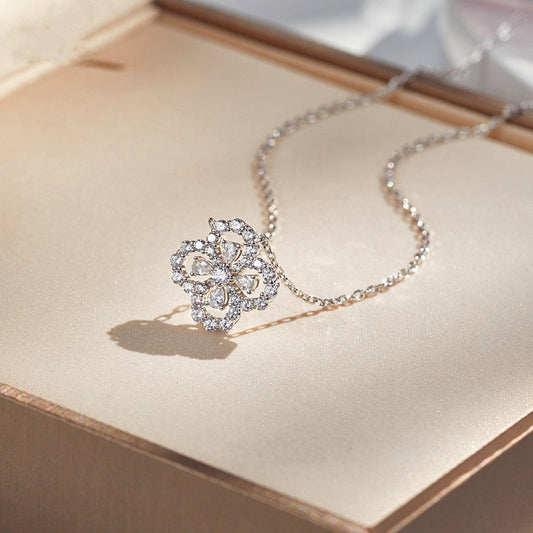 Sterling Silver Luxury Diamond Four-Leaf Clover Necklace