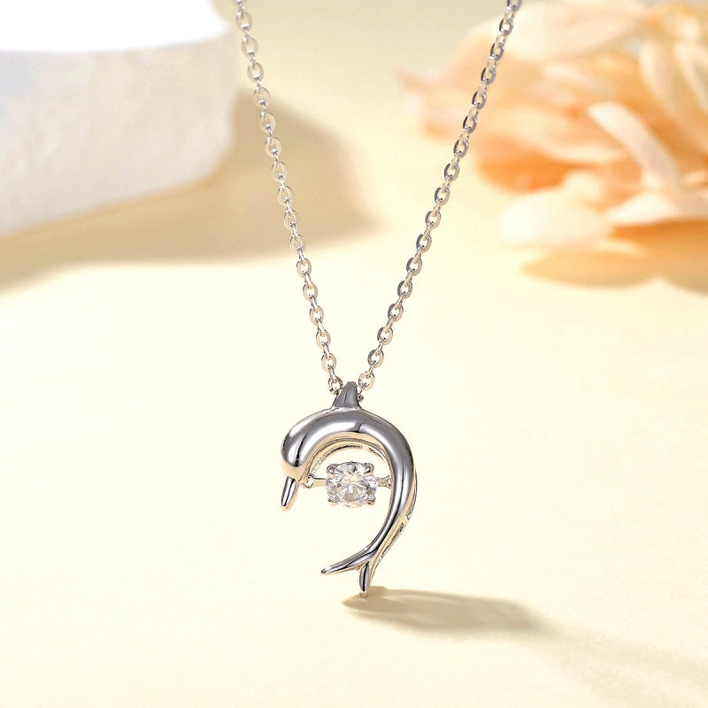 Sterling Silver Luxury Moving Zircon Dolphin Necklace