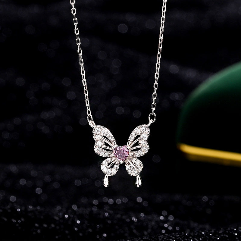 Sterling Silver Purple Diamond Heart Butterfly Necklace