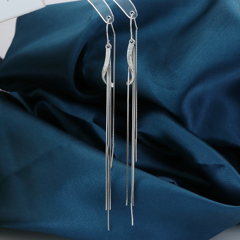 Sterling Silver Wavy Diamond Tassel Threader Earrings