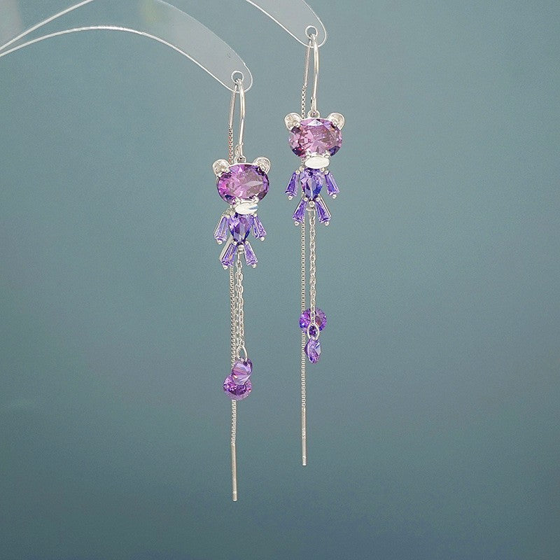 Sterling Silver Zircon Bear Tassel Threader Earrings