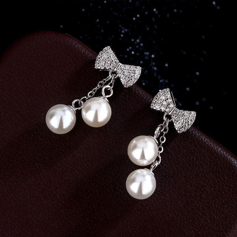 Sterling Silver Zircon Diamond Bow Pearl Tassel Earrings