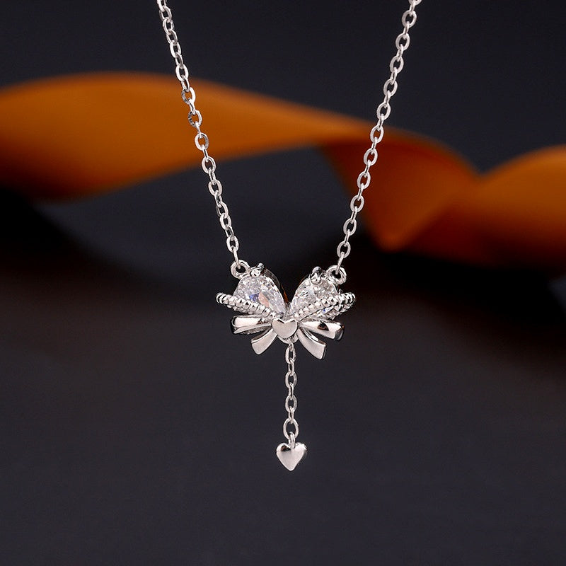 Sterling Silver Zircon Heart Bow Necklace