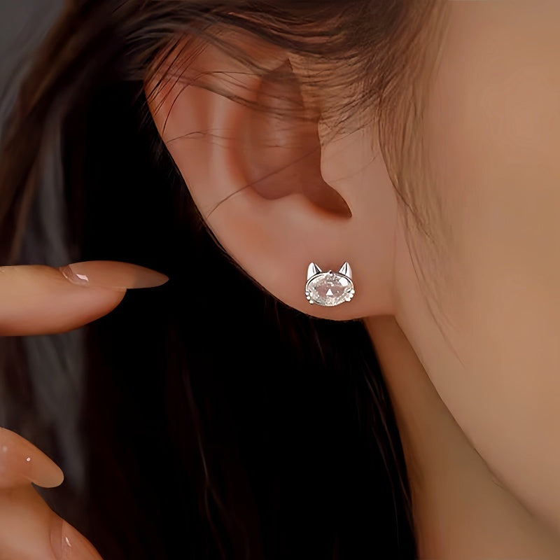 Sterling Silver Zircon Kitten Stud Earrings