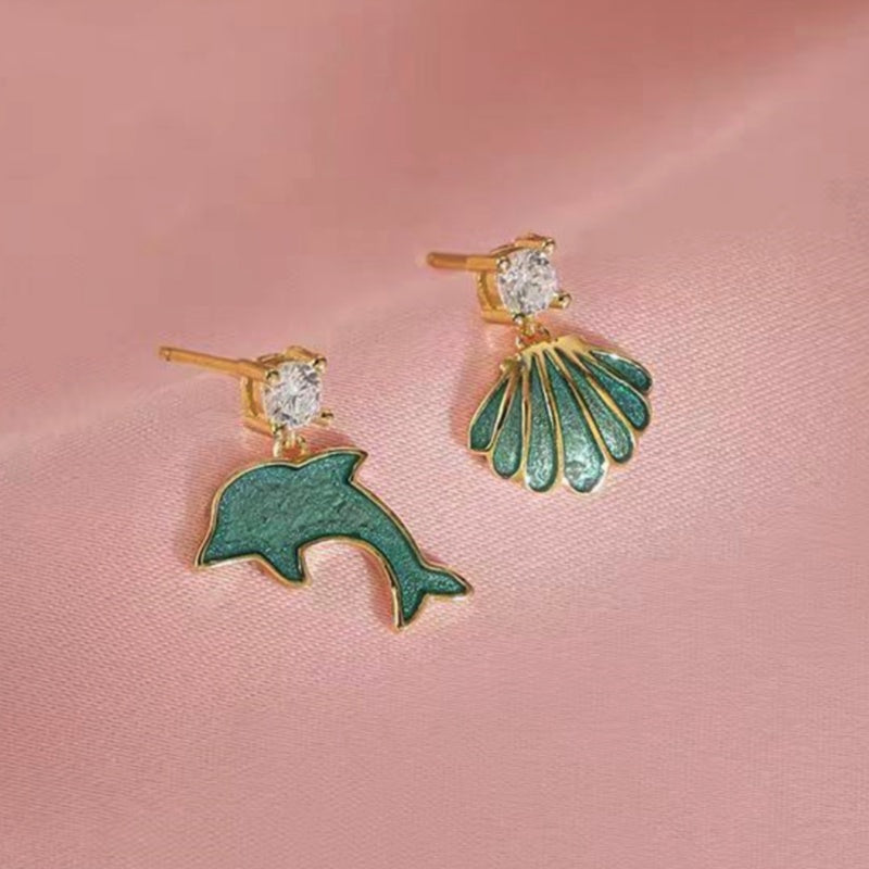 Sterling Silver Zircon Ocean Shell Dolphin Earrings