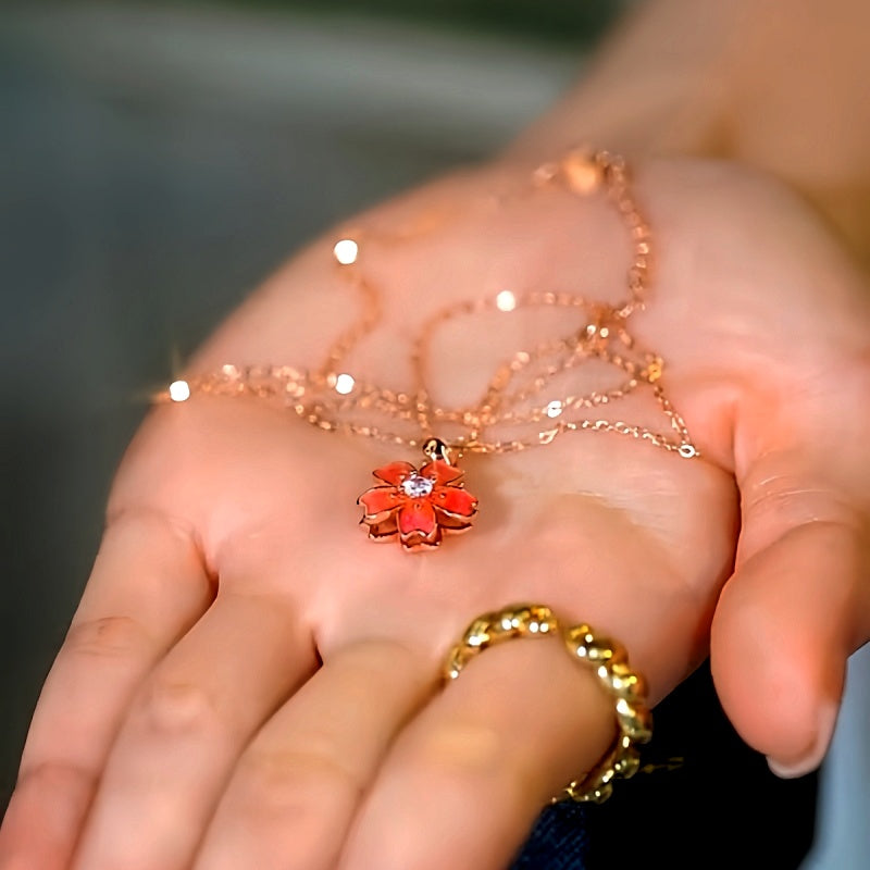 Sterling Silver Zircon Rotating Peach Blossom Clavicle Necklace