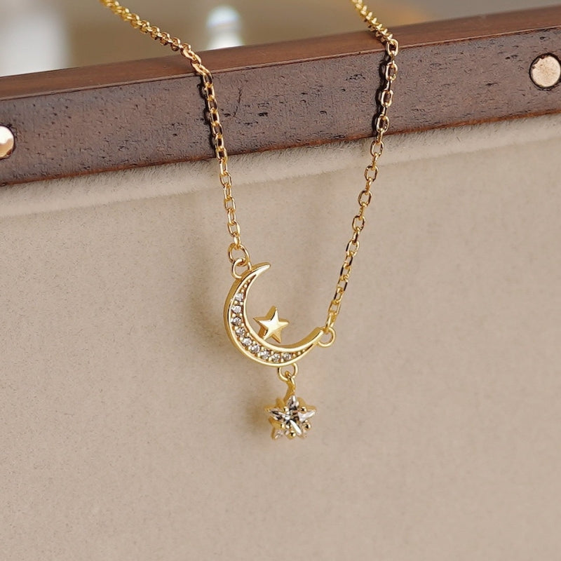 Sterling Silver Zircon Star And Moon Necklaces