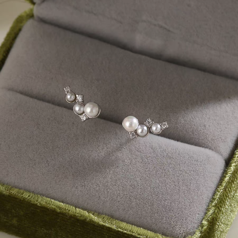 Sterling Silver Zircon Three Pearl Stud Earrings