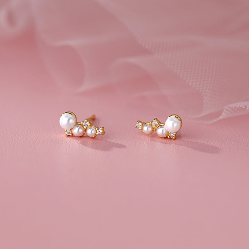 Sterling Silver Zircon Three Pearl Stud Earrings