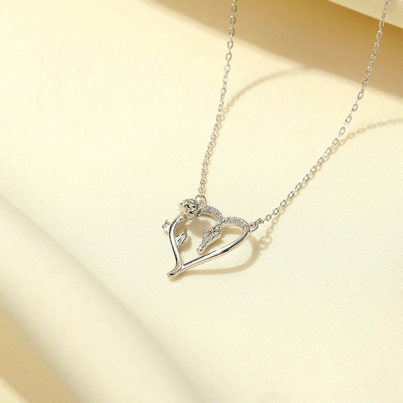 Sterling Silver Heart Rose Letter Necklaces