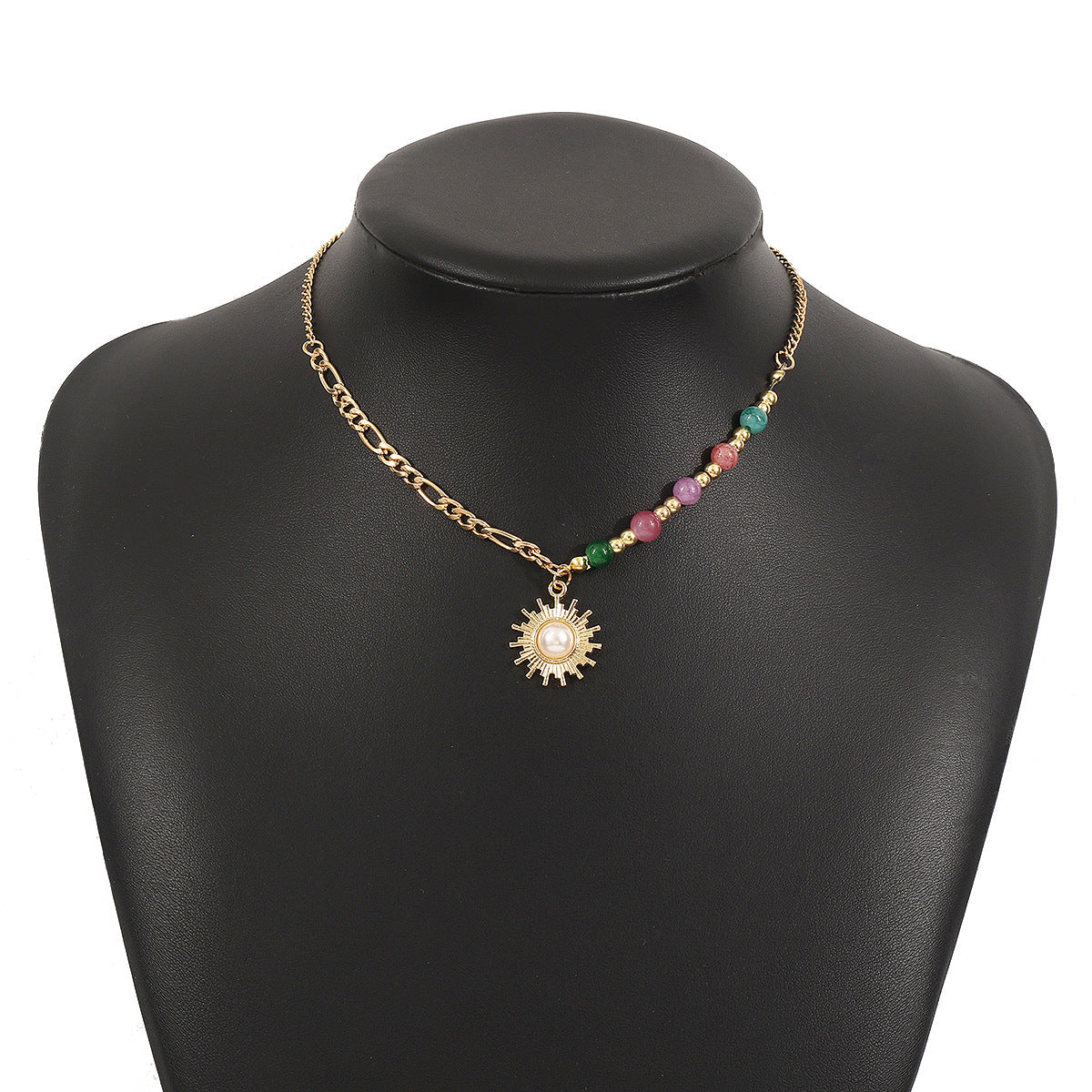 New Chinese style retro sun inlaid pearl necklace, high-end glass beads stacked clavicle chain