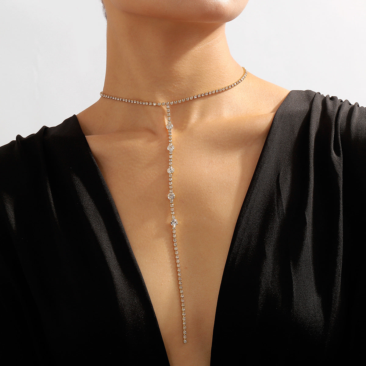 Simple and sexy long Y-shaped necklace, fashionable niche geometric rhinestone necklace