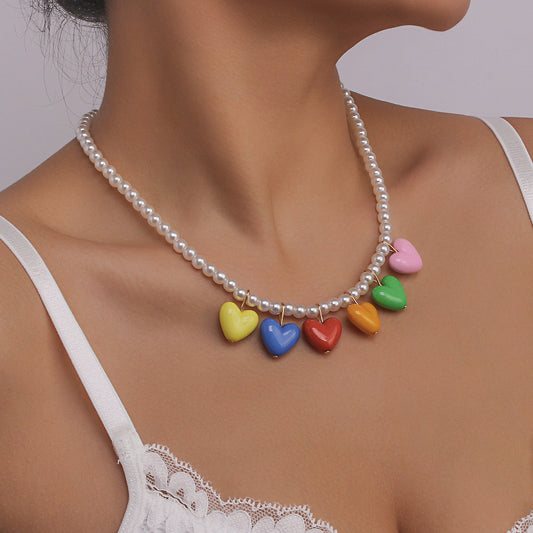 Rainbow Pearl Necklace Spring and Summer Temperament Niche Pride Day Resin Love Sweet and Cool Necklace