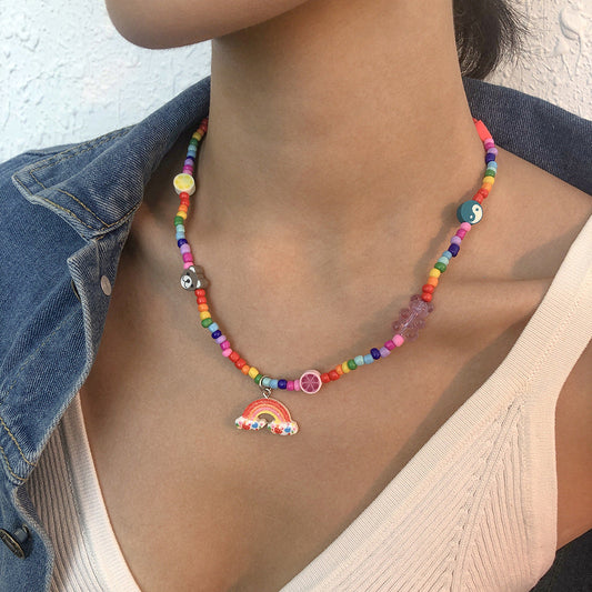 Colorful rice bead necklace, soft clay bear cartoon necklace, cute rainbow pendant, clavicle chain