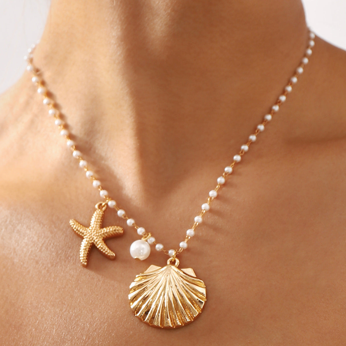 New Ocean Series Pearl Necklace Light Luxury French High-Quality Starfish Shell shell clavicle chain