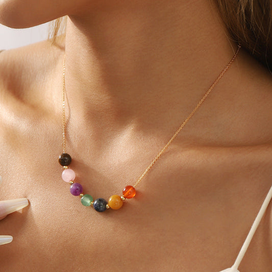 Colorful natural stone pendant necklace for women European and American gentle small round beads beaded clavicle chain