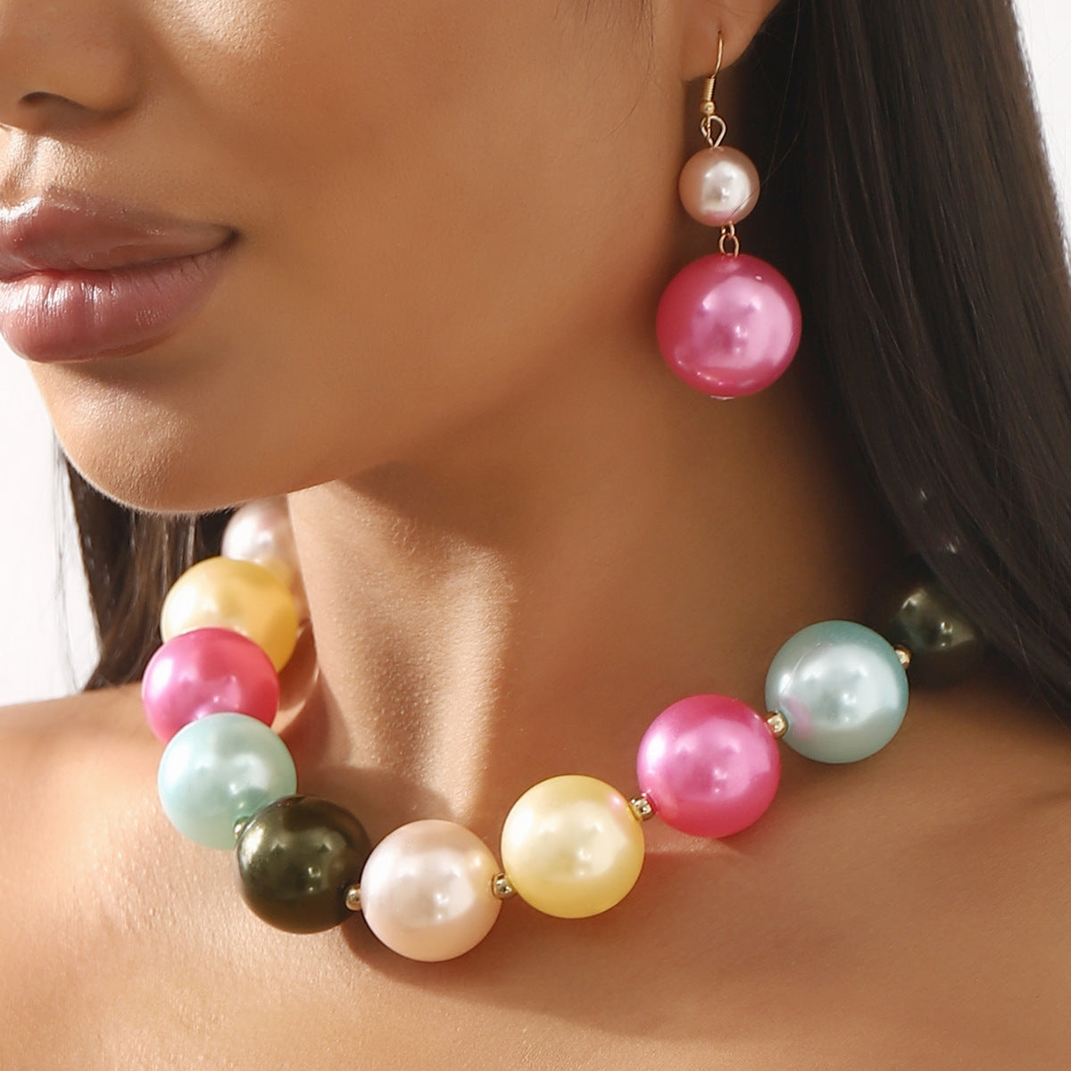 Mixed Color Pearl Premium Necklace Palace Style Retro Light Luxurious Temperament Earring Set