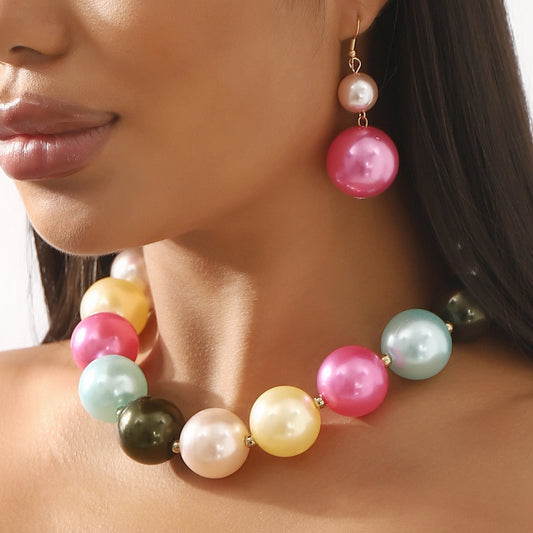 Mixed Color Pearl Premium Necklace Palace Style Retro Light Luxurious Temperament Earring Set