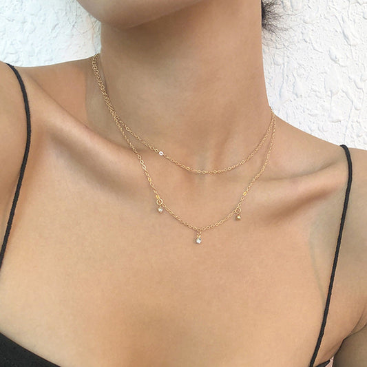 Simple and stylish necklace, literary and elegant alloy micro-inlaid necklace, small multi-layered clavicle chain