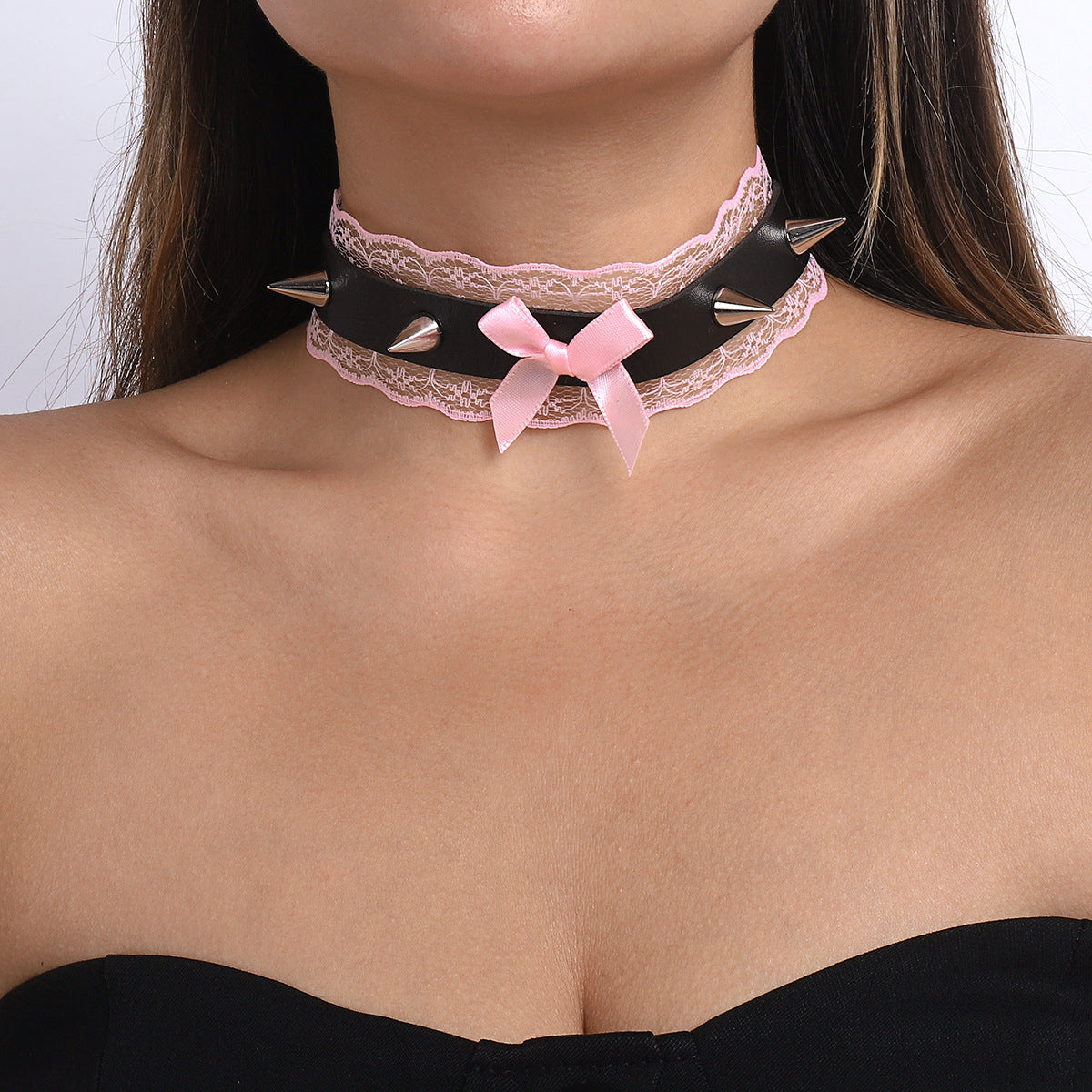 Punk sexy choker rivet lace bow PU choker short nightclub necklace