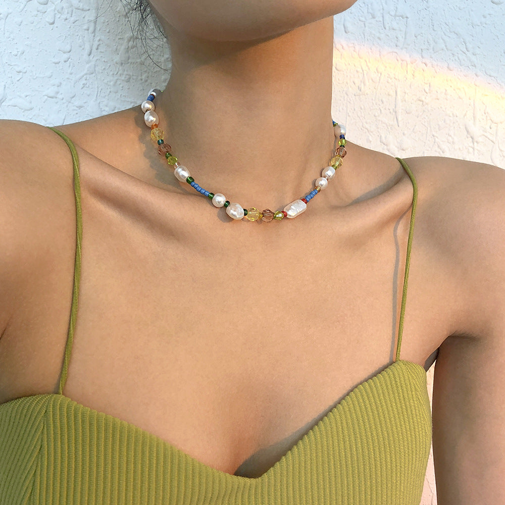 Fashionable pearl clavicle chain choker colorful rice beads bohemian style necklace