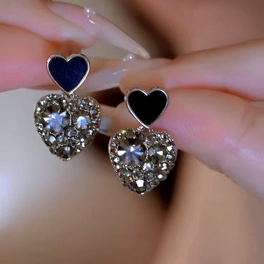 14K Gold-Plated Elegan Black Heart Rhinestone Earrings