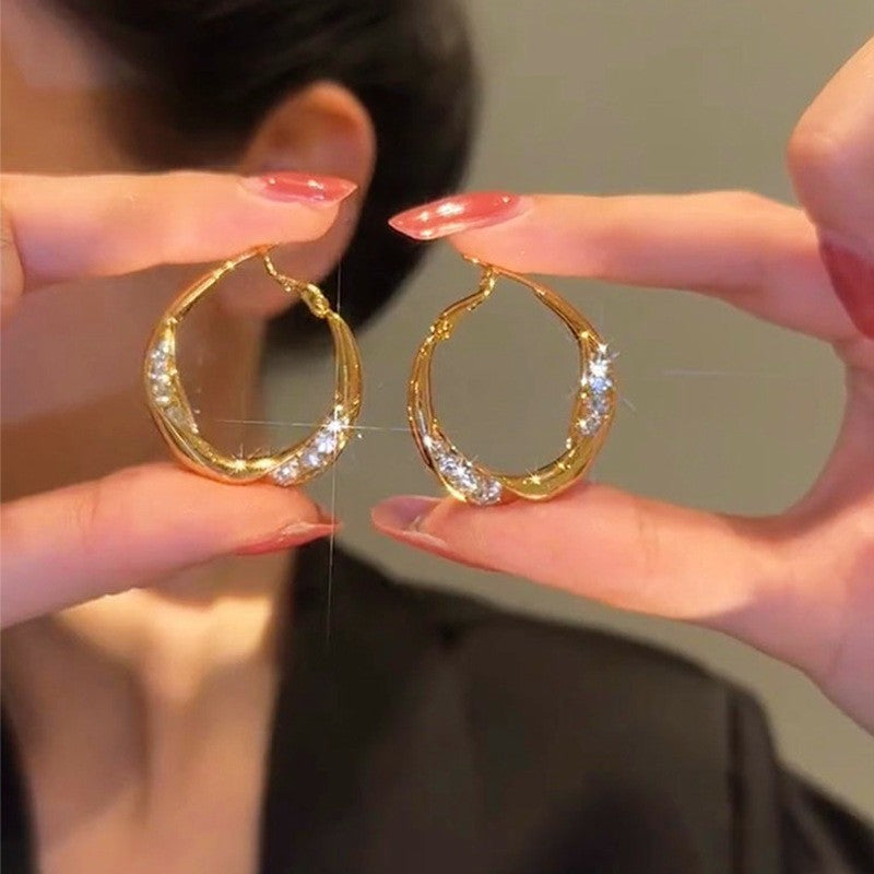 14K Gold-plated Diamond-Studded Metal Hoop Earrings